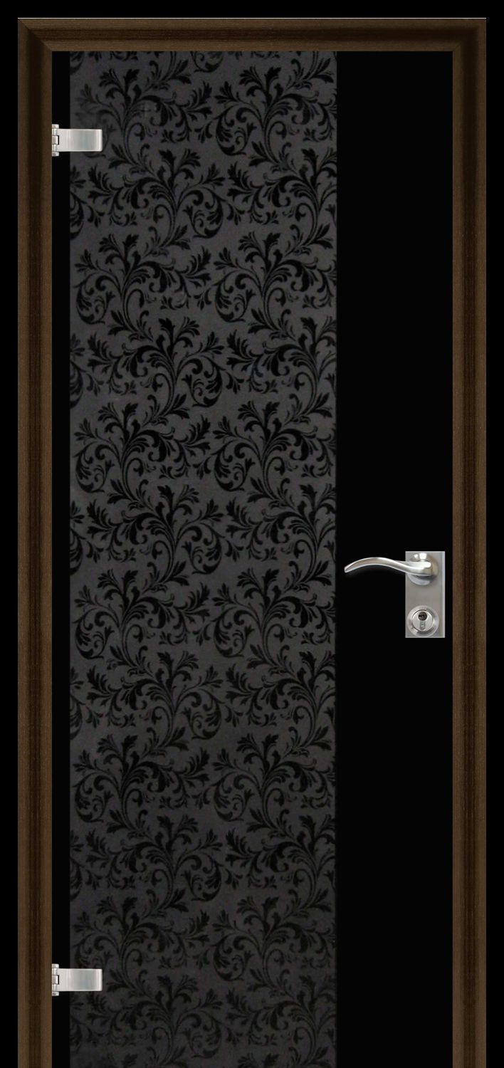 Black glass door with decorative glass fusing