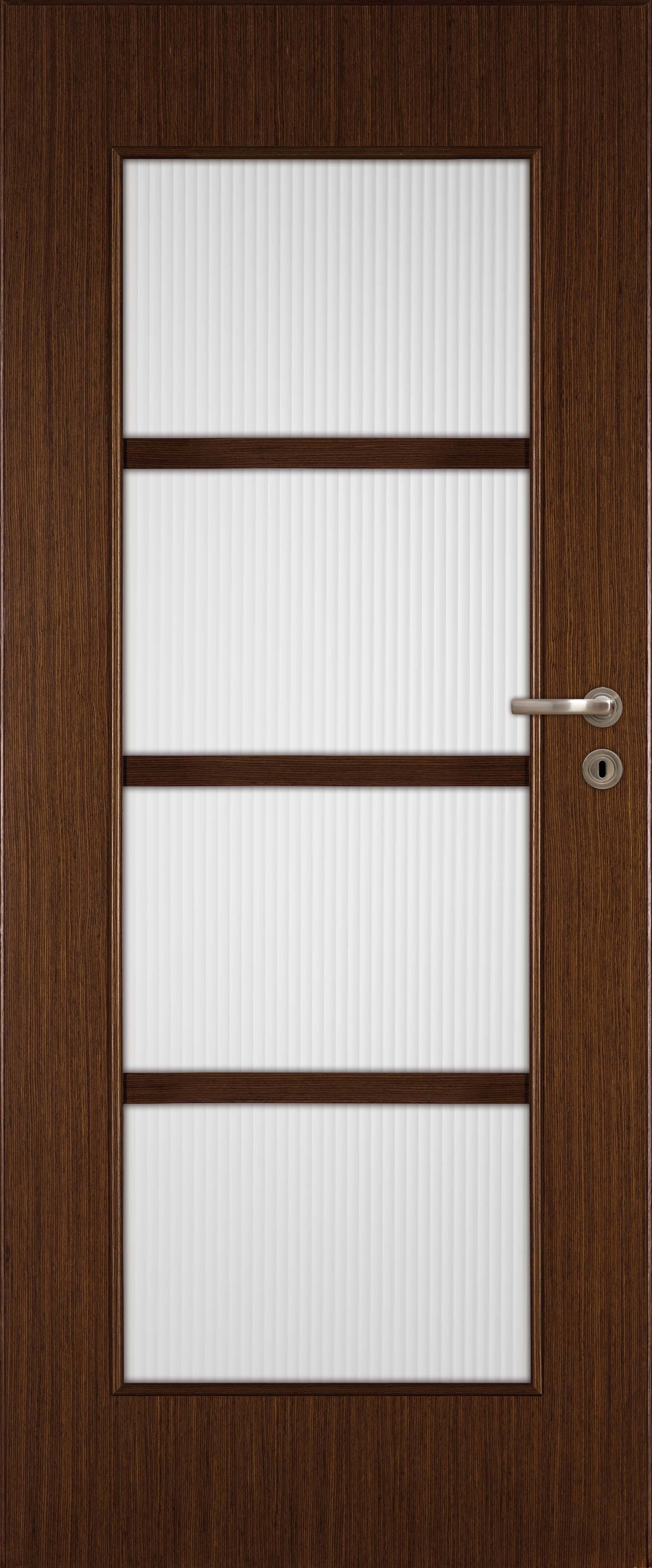 Dark wooden door in a modern style with four light-colored frosted glass