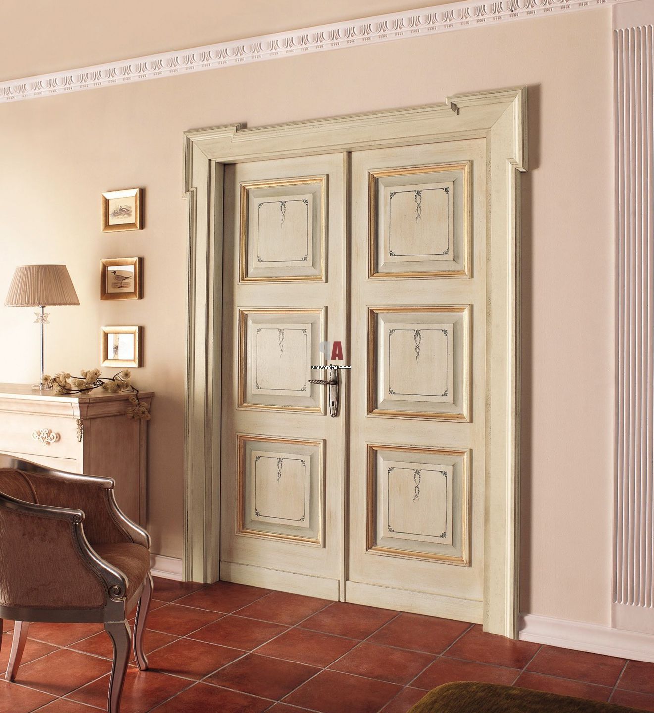 Massive classic double-wing wooden interior door in bright colors