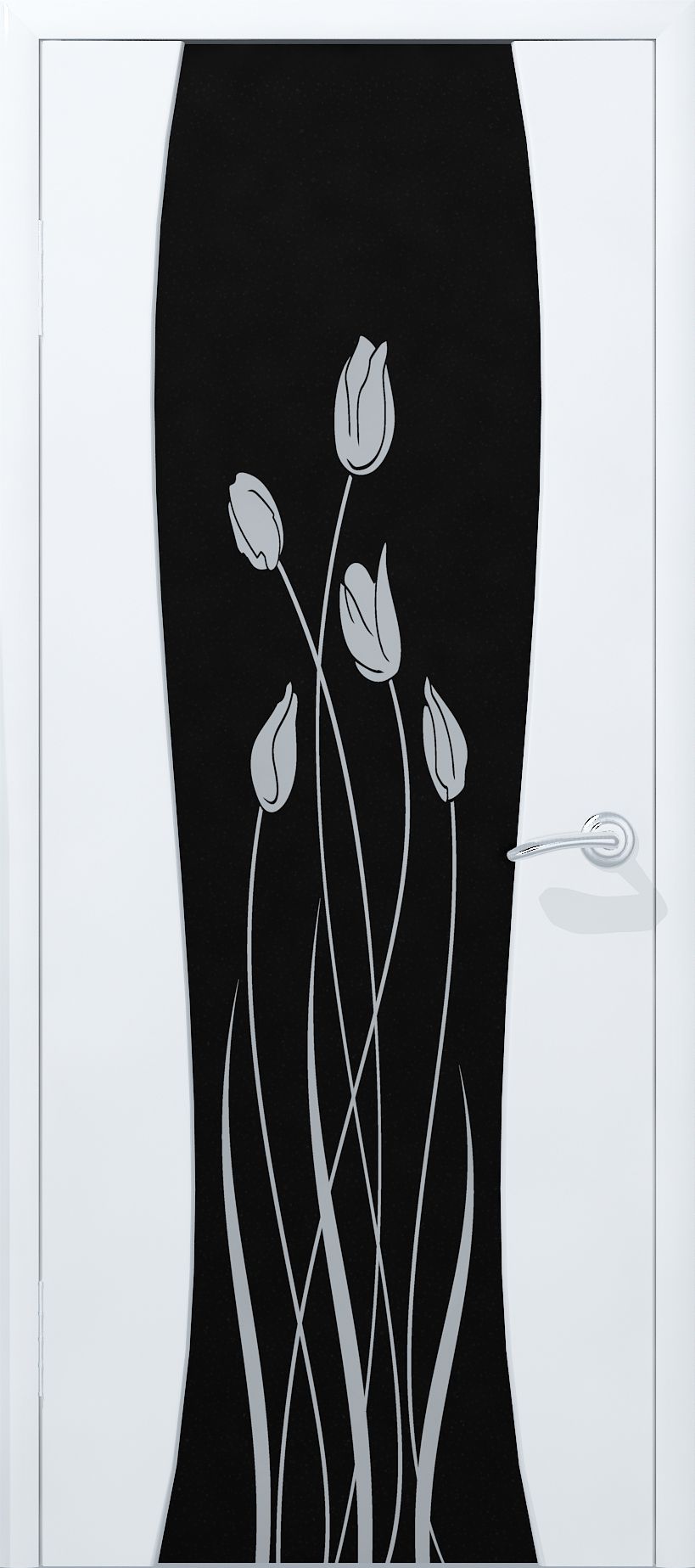 White door in the high-tech style with black glass with flower patterns