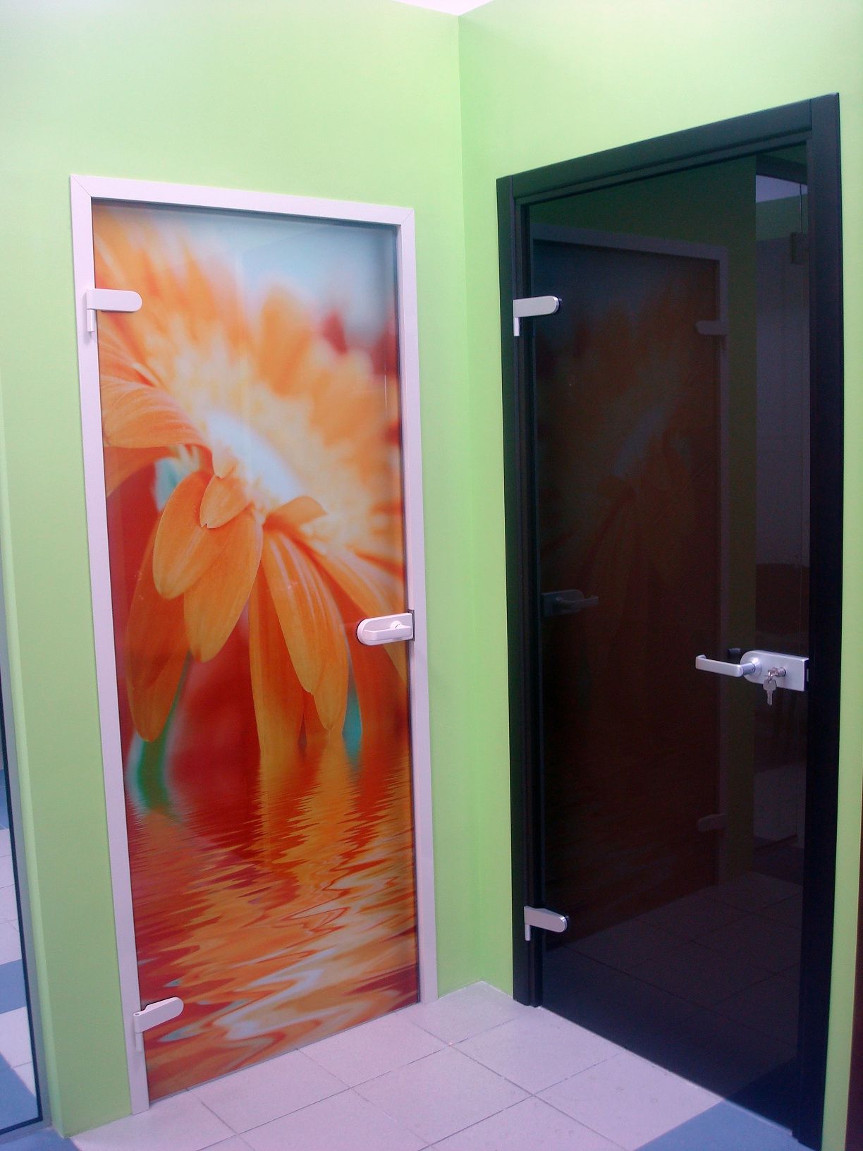 Orange glass door with flower pattern and brown glass interior door