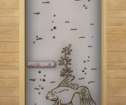 Wooden wall and glass door to the bathroom with a funny image of the seabed