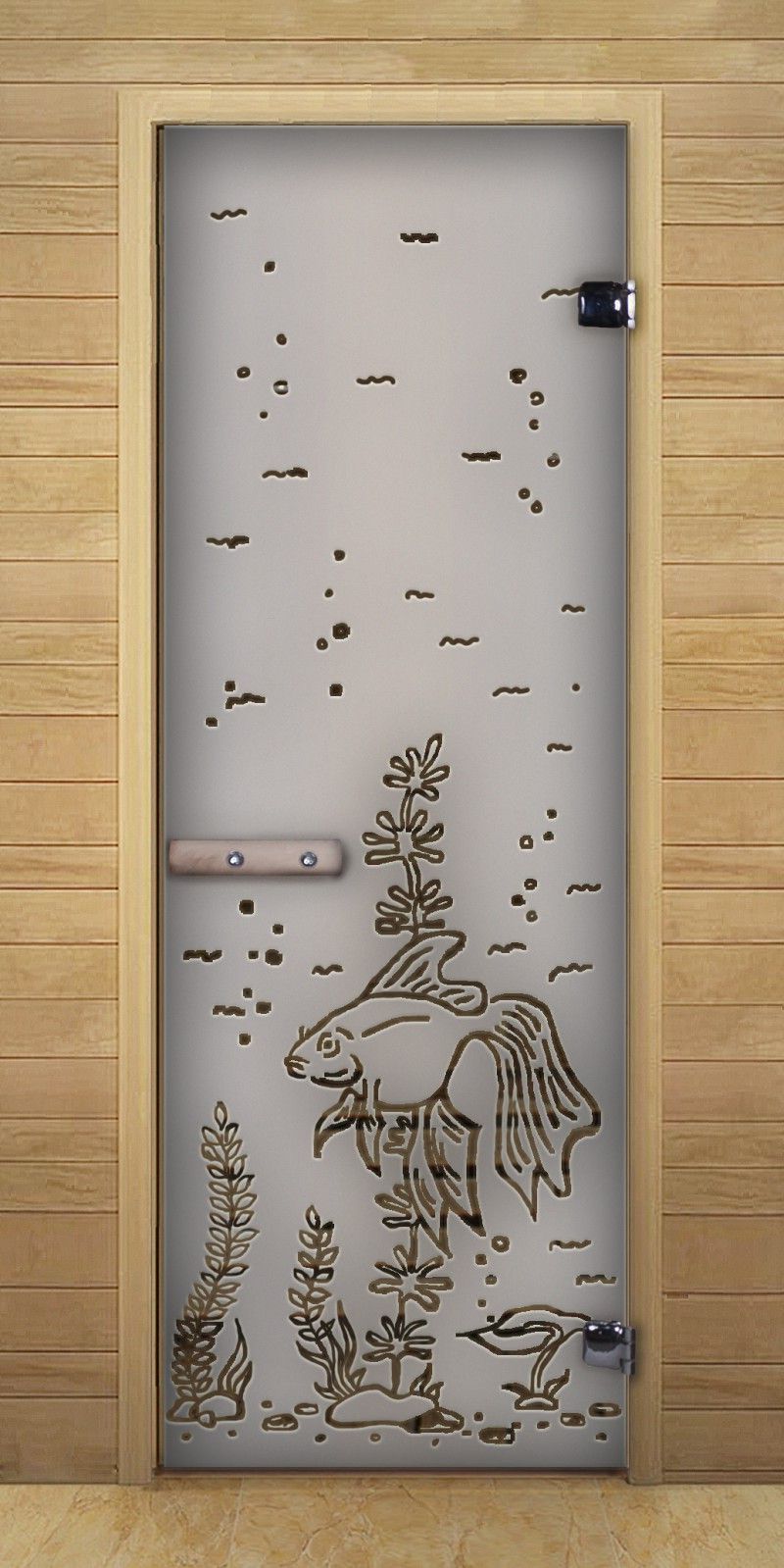 Wooden wall and glass door to the bathroom with a funny image of the seabed