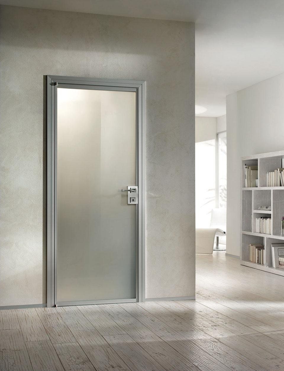 Beautiful aluminium interior door with white frosted glass and aluminium frame