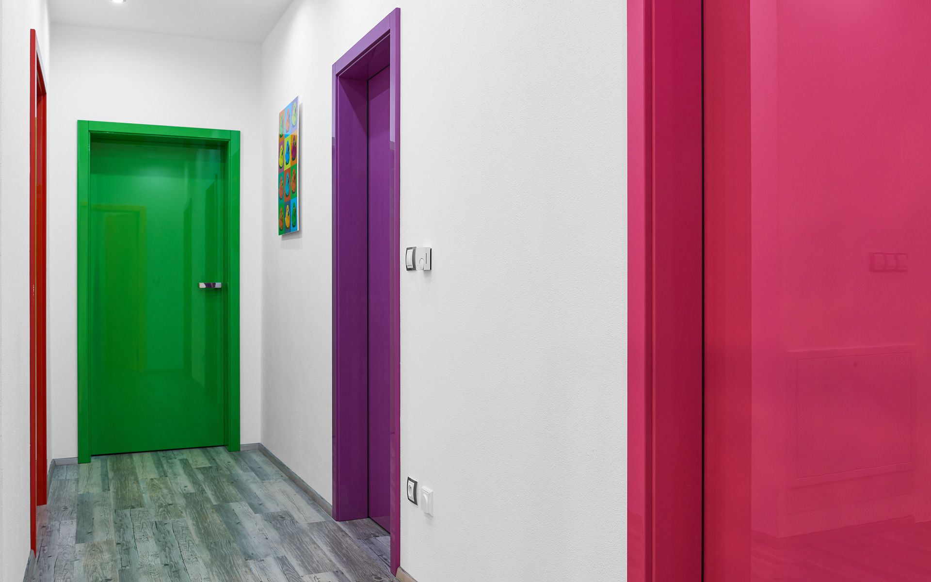 Red, green, purple and pink paint for interior doors