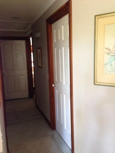 White interior doors with stained wood trim