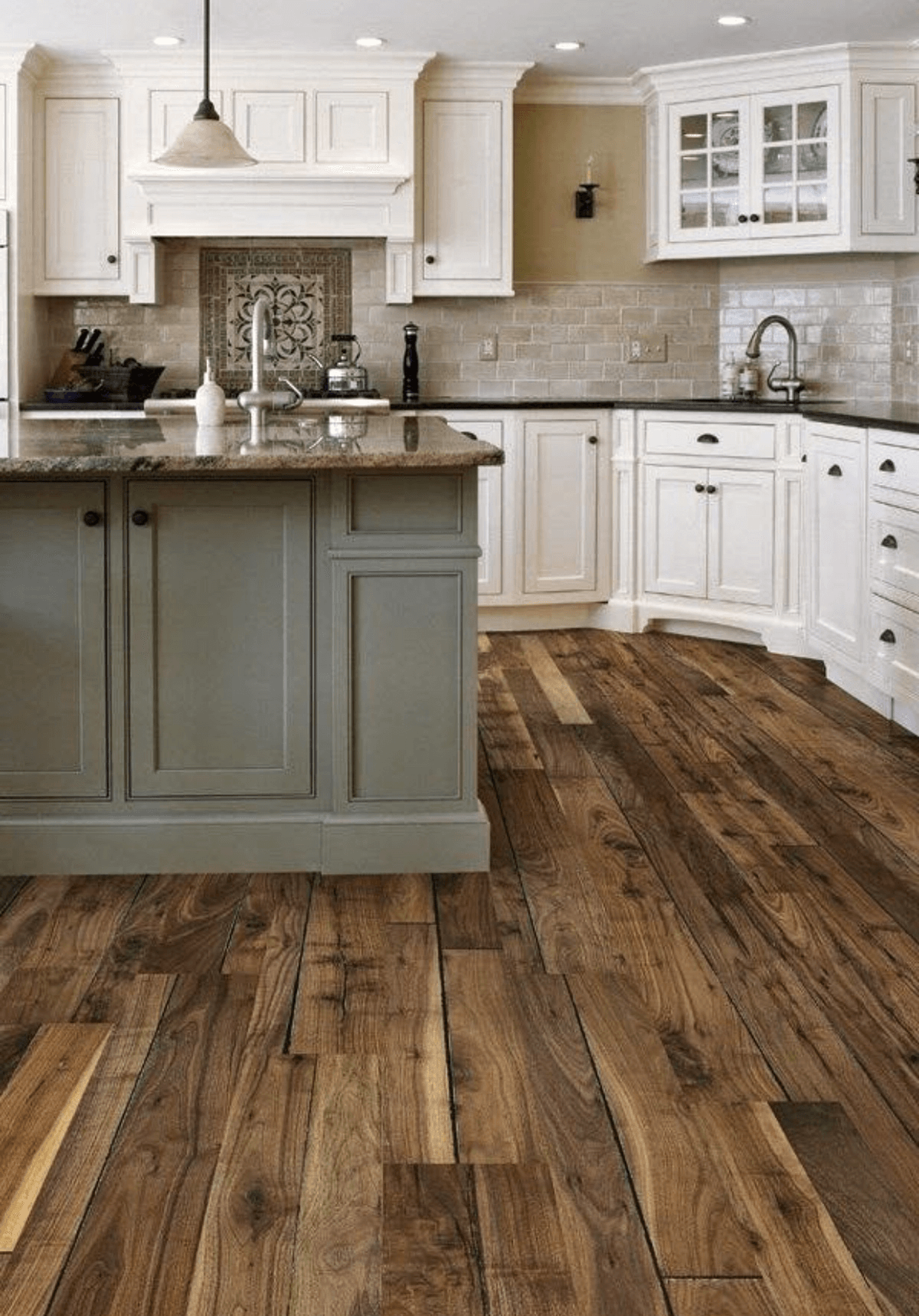 Floor of wooden planks in the kitchen in country style