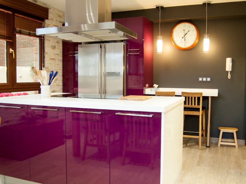 High tech kitchen design eggplant color