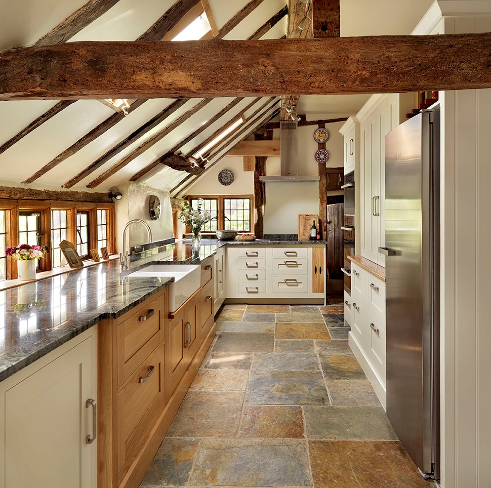 The stone floor in the kitchen in country style