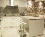 White bar stools and white cabinets Kitchen High tech Style 180x150 - High-Tech Kitchen